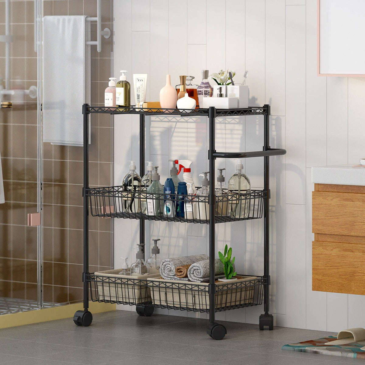 DEXSO Black 3-Tier Metal Rolling Utility Cart J8-F6NA8DCTBTJ