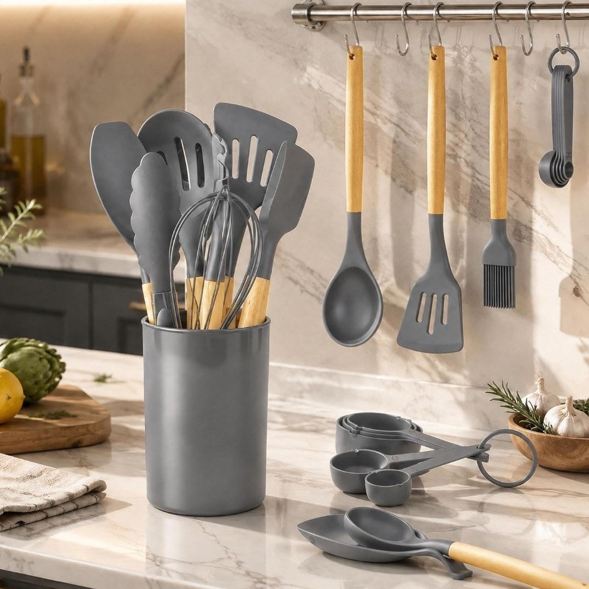 33-Piece Silicone Kitchen Utensils Set with Wooden Handles