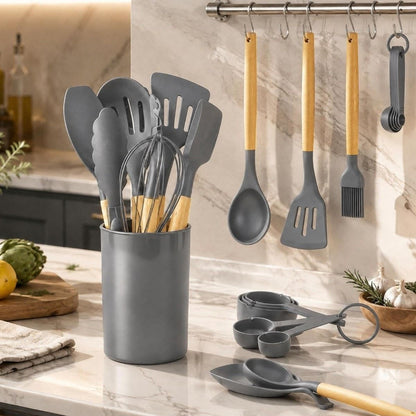 33-Piece Silicone Kitchen Utensils Set with Wooden Handles