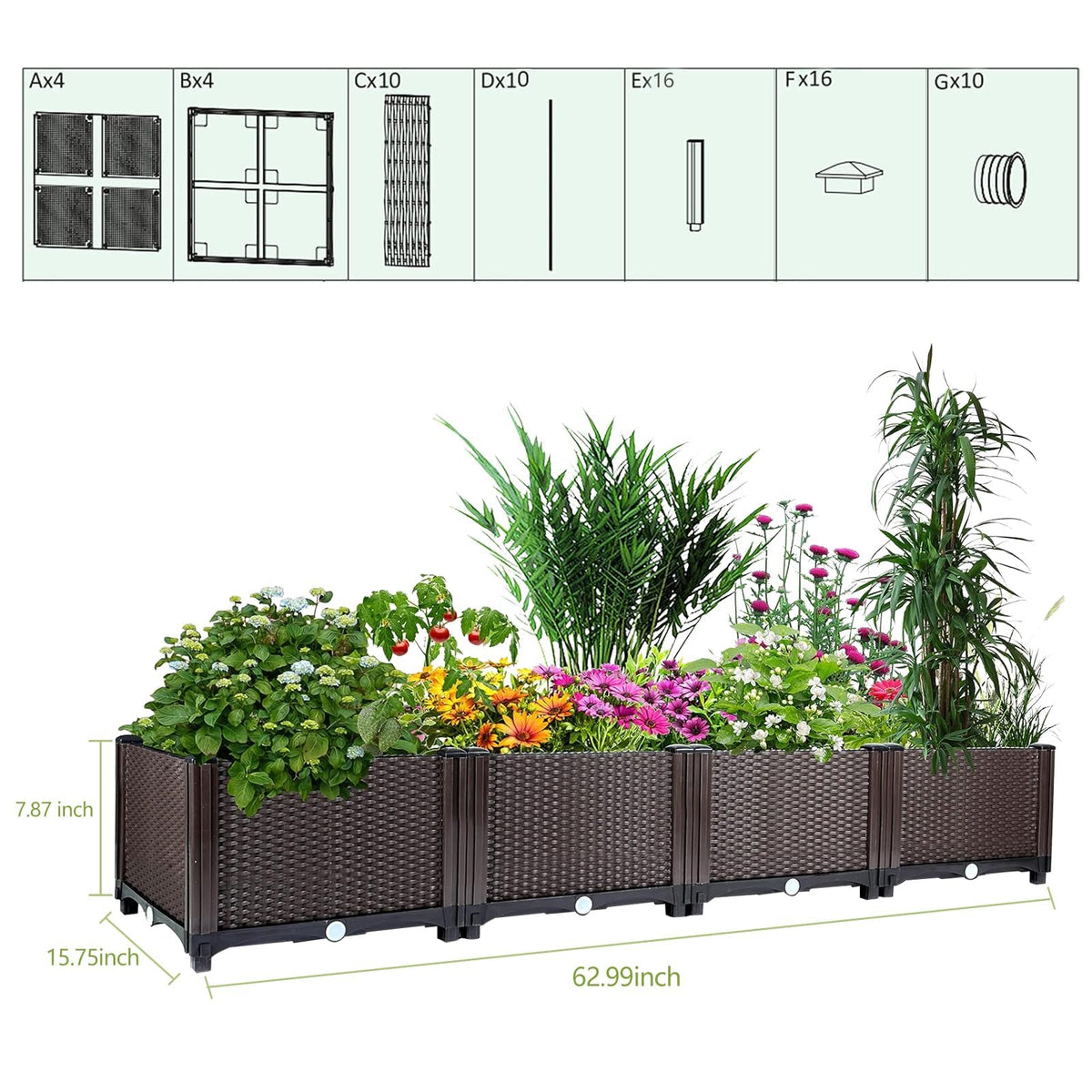63x16x8 In. Self-Watering Raised Garden Bed Planter Box
