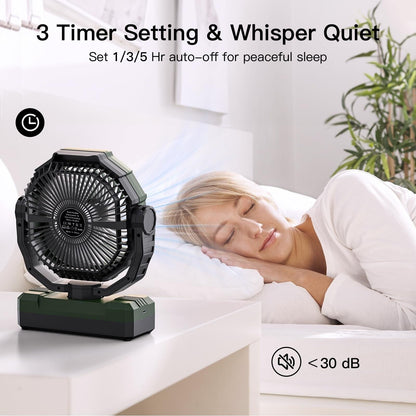 Green 3-Feature Camping Fan with Rechargeable Battery Light and Remote