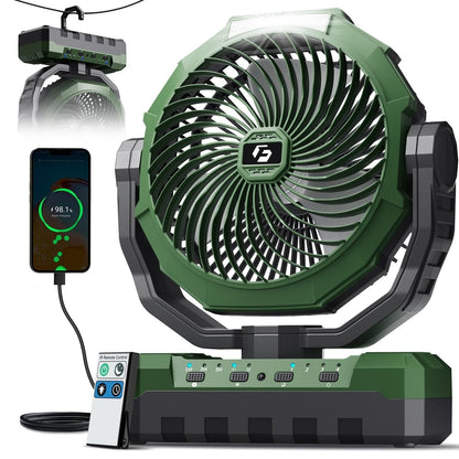 Green 3-Feature Camping Fan with Rechargeable Battery Light and Remote