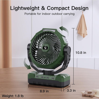 Green 3-Feature Camping Fan with Rechargeable Battery Light and Remote
