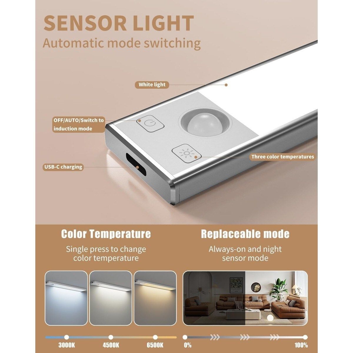 ZXQJRAQ Motion Sensor Under Cabinet Lights Rechargeable 8 Inch