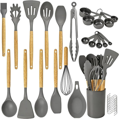 33-Piece Silicone Kitchen Utensils Set with Wooden Handles